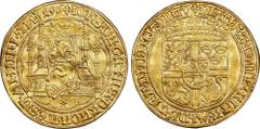 DENMARK. Noble, 1496. Malmö or Copenhagen Mint. Hans. NGC AU-55. Fr-3; Galster-24; Sieg-12; Schou-2; Beskrivelsen 1791-pl. 1, 2; Schive-pl. XIV, 38; Bruun-3831. Weight: 14.67 gms. UNIQUE in private ha