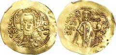 MANUEL I, 1143-1180. AV Hyperpyron, Constantinople Mint, 1152-1160. NGC Ch VF. Graffiti, Flattened. S-1956. Obverse: Bust of Christ facing; Reverse: Manuel standing facing, wearing crown, holding laba