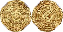 ISLAMIC KINGDOMS. Fatimid Caliphate. Dinar, AH 379 (989/990). al-Mansuriya Mint. Al-'Aziz Nizar. NGC AU-50. A-703. Weight: 4.02 gms. A nice example, with strong strike and complete legends that have o