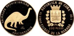 Ancient & World Coins CUBA. Gold 200 Pesos, 1993. Havana Mint. PCGS PROOF-69 Deep Cameo. Fr-77; KM-543. Prehistoric Animals series: Apatosaurus. Mintage: 100. A RARE and popular issue that does not co