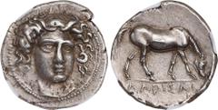 Ancient Coins THESSALY. Larissa. AR Drachm (6.20 gms), ca. 404-370 B.C. NGC Ch EF, Strike: 5/5 Surface: 2/5. Die Shift, Brushed, Scratches. HGC-4, 430. Obverse: Head of the nymph Larissa facing slight