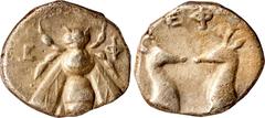 Ancient Coins IONIA. Ephesos. AR Diobol, ca. 390-325 B.C. NGC Ch VF. SNG Cop-242; SNG Kayhan-208-42. Obverse: Bee with straight wings; Reverse: Two stag heads confronted. An alluring fraction featurin