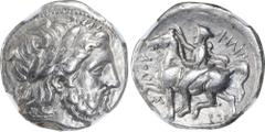 MACEDON. Kingdom of Macedon. Philip II, 359-336 B.C. AR Tetradrachm (14.37 gms), Amphipolis Mint, ca. 355-349/8 B.C. NGC VF, Strike: 5/5 Surface: 4/5. SNG ANS-467. Obverse: Laureate head of Zeus right