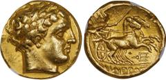 MACEDON. Kingdom of Macedon. Time of Philip II to Alexander III (the Great), 340/36-328 B.C. AV Stater (8.58 gms), Pella Mint. NGC Ch VF, Strike: 5/5 Surface: 1/5. Scuffs. SNG ANS-144-54. In the name 