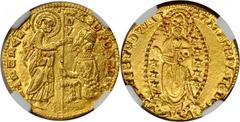 WORLD GOLD COINS GREECE GREECE. Chios. Ducat, ND (1400-1500). Andrea Dandolo (1343-1354). Fr-2a. Imitation of a Venetian gold Ducat. Superb condition for this type.NGC MS-65. Estimated value: 1700 USD