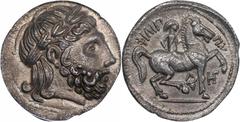 Philip II, 359-336 B.C MACEDON. Kingdom of Macedon. Philip II, 359-336 B.C. AR Tetradrachm (12.4 gms), Imitating Amphipolis Mint, Early 3rd Century B.C. ANACS AU-50. OTA-10.2. Obverse: Head of Zeus ri