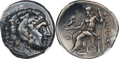 Philip III, 323-317 B.C MACEDON. Kingdom of Macedon. Philip III, 323-317 B.C. AR Drachm (4.22 gms), Lampsakos mint, ca. 323-317 B.C. NGC VF, Strike: 5/5 Surface: 4/5. Pr-P15. Obverse: Head of Herakles