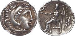 Philip III, 323-317 B.C MACEDON. Kingdom of Macedon. Philip III, 323-317 B.C. AR Drachm, Kolophon Mint, ca. 322-319 B.C. NGC Ch VF. Pr-1759. Obverse: Head of Herakles right, wearing lion skin; Reverse