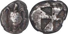 Aegina AEGINA. AR Stater (12.40 gms), ca. 525-480 B.C. NGC F, Strike: 5/5 Surface: 4/5. HGC-6, 429. Obverse: Sea turtle; Reverse: Incuse square with mill-sail pattern.