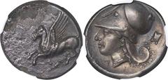 Corinth CORINTHIA. Corinth. AR Stater, ca. 375-300 B.C. NGC VF. HGC-4, 1848; Pegasi-400; BCD Corinth-Unlisted. Obverse: Pegasos flying left; koppa below; Reverse: Helmeted head of Athena left; A to lo