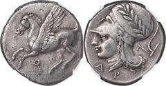 Corinth CORINTHIA. Corinth. AR Stater (8.52 gms), ca. 345-307 B.C. NGC VF, Strike: 5/5 Surface: 4/5. HGC-4, 1848; Pegasi-439; BCD-107. Obverse: Pegasos flying left; Reverse: Helmeted head of Athena le