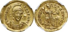 Honorius, A.D. 393-423 HONORIUS, A.D. 393-423. AV Solidus (4.46 gms), Constantinople Mint, ca. A.D. 397-402. NGC EF, Strike: 5/5 Surface: 2/5. Edge Bends, Punch Mark. RIC-8; Depeyrot-55/2. Obverse: Pe