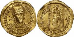 Zeno, A.D. 474-475 & 476-491 ZENO, A.D. 474-475 & 476-491. AV Solidus (4.24 gms), Constantinople Mint, 9th Officina, ca. A.D. 477-491. NGC Ch EF, Strike: 2/5 Surface: 1/5. Flan Flaws, Graffito, Brushe