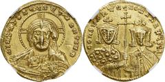 Constantine VII, 913-959 CONSTANTINE VII, 913-959. AV Solidus (4.40 gms), Constantinople Mint, ca. 945-959. NGC Ch EF, Strike: 5/5 Surface: 4/5. S-1751. Obverse: Facing bust of Christ Pantokrator; Rev