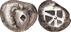 Aegina AEGINA. AR Stater (12.06 gms), ca. 525-475 B.C. NGC VG, Strike: 4/5 Surface: 2/5. Countermarks. HGC-6, 429; SNG Cop-502. Obverse: Sea turtle with thick collar; Reverse: Small incuse square with