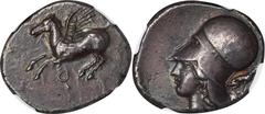 Corinth CORINTHIA. Corinth. AR Stater (8.43 gms), ca. 405-345 B.C. NGC Ch EF, Strike: 4/5 Surface: 3/5. HGC-4, 1832; Pegasi-135. Obverse: Pegasos flying left; Reverse: Helmeted head of Athena left; to