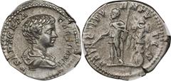 Geta as Caesar, A.D. 198-209 GETA AS CAESAR, A.D. 198-209. AR Denarius (3.15 gms), Rome Mint, ca. A.D. 200-205. NGC Ch VF, Strike: 4/5 Surface: 2/5. Brushed. RIC-18; RSC-157b. Obverse: Bareheaded and 
