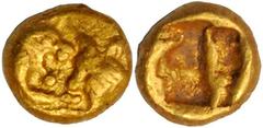 GREEK Kroisos LYDIA. Kroisos. AV 1/24 Stater "light standard" (0.36 gms.), ca. 520 B.C. or later. Forepart Lion attacking forepart bull. Reverse: Incuse punch. An extremely rare denomination of the li