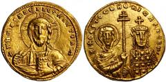 BYZANTINE NICEPHORUS II, 963-969. AV Histamenon Nomisma (4.40 gms.), Constantinople Mint, 963-964 A.D. S-1778. Nimbate bust of Christ facing, holding book of Gospels. Reverse: Facing busts of the Virg