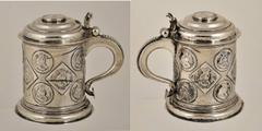 WORLD CROWNS & MINORS POLAND POLAND. East Prussia. Silver Tankard, ND (After 1651, Likely Early 18th Century). Sides, lid, and bottom of tankard inset with 17 Talers and Klippes struck at Elbing befor