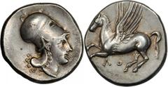 GREEK Bruttium ITALY. Bruttium. Locri Epizephyrii. AR Stater (8.60 gms), ca. 325-317 B.C. Cal-5. Pegasus flying left, "LO" below; Reverse: Athena right wearing Corinthian helmet. Well executed Pegasus