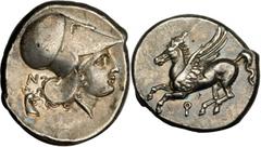 GREEK Corinth CORINTHIA. Corinth. AR Stater (8.59 gms), ca. 405-345 B.C. Cal-210/1. Pegasus flying left, koppa below; Reverse: Helmeted Athena right, cock’s head and "N" behind. Lightly toned silver-g