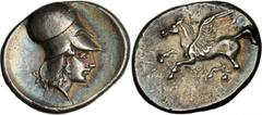 GREEK Corinth CORINTHIA. Corinth. AR Stater (8.44 gms), ca. 405-345 B.C. Cal-219/1. Pegasus flying left, koppa below; Reverse: Helmeted Athena right, deeply impressed. Iridescent silver-gray, adhesion