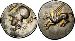 GREEK Corinth CORINTHIA. Corinth. AR Stater (8.56 gms), ca. 405-345 B.C. Cal-314GR. Pegasus flying left, koppa below; Reverse: Helmeted Athena left, dolphin in front, cock behind. Struck on a large ro