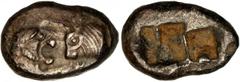 GREEK Kroisos LYDIA. Kroisos. AR Siglos (5.24 gms), ca. 550-546 B.C. SNGTubingen-3656; Rosen-663. Confronted foreparts of a lion and a bull; Reverse: Two square incuse punches. Minor deposits and nice