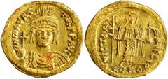 BYZANTINE MAURICE TIBERIUS, 582-602. AV Solidus (4.24 gms), Constantinople Mint, 9th Officina. S-478. Draped and cuirassed facing bust wearing plumed helmet, holding globus cruciger and shield; Angel 