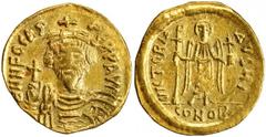 BYZANTINE PHOCAS, 602-610. AV Solidus (4.41 gms), Constantinople Mint, 9th Officina. S-618. Draped and cuirassed bust facing, wearing crown without pendilia, and holding globus cruciger; Reverse: Ange