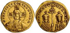 BYZANTINE BASIL II, 976-1025. AV Histamenon Nomisma (4.37 gms), Constantinople Mint. S-1796. Facing bust of nimbate Christ, holding book of gospels; Reverse: Facing busts of Basil and Constantine, hol