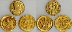 MIXED LOTS . Lot of (3) Roman & Byantine Gold Coins. 3 pieces in lot. Includes Solidi of Valentinian I, Justinian I and Theodosius II. SOLD AS IS/NO RETURNS . One is severly clipped, graffiti. GradesF