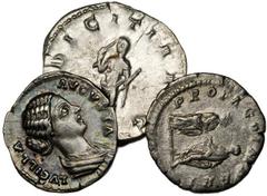 ROMAN EMPIRE ROMAN EMPIRE. Lot of Roman Women on Silver Coins. 3 pieces in lot. Comprised of a Lucilla, Denarius (RIC-759), which is toned and graded EXTREMELY FINE and a Plautilla, Denarius (RIC-362)