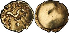 GREEK Gallo-Belgic Issues CELTIC BRITAIN. Gallo-Belgic Issues. AV Stater (6.37 gms), ca. 65 B.C. S-11; VA-50-1. Blank; Reverse: Tall disjointed horse right, pellet below. Imported from Northern Gaul (