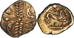 GREEK Trinovantes CELTIC BRITAIN. Trinovantes. AV Stater (5.81 gms), ca. 55-45 B.C. S-32; VA-1476-3. Abstract head of Apollo right; Reverse: Romanized horse right. Slightly irregular planchet.EXTREMEL