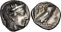 GREEK Athens ATTICA. Athens. AR Tetradrachm (17.06 gms), 454-404 B.C. SNG Copenhagen-37. Helmeted head of Athena right. Reverse: Owl standing right, head facing, olive sprig behind, all within incuse 