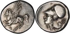 GREEK Corinth CORINTHIA. Corinth. AR Stater (8.59 gms), 345-307 B.C. Calciati-425. Pegasus flying left, koppa below; Reverse: Helmeted head of Athena left, I in front of neck, 8-pointed star behind he