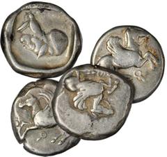 MIXED LOTS ANCIENT GREEK. Lot of (4) Corinthian Staters of Curled Wing Type. 4 pieces in lot. A decent grouping of small planchet Corinthian Staters of the curled wing Pegasus type, three of which are