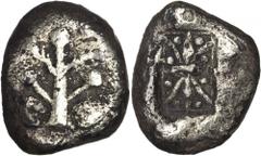 GREEK Cyrene CYRENAICA. Cyrene. AR Tetradrachm (17.11 gms), ca. 525-480 B.C. BMC-unlisted; Kraay-unlisted; Muller-unlisted. Silphium plant with fruits at side; Reverse: Two luminaries of silphium with