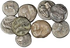 MIXED LOTS ANCIENT GREEK. Lot of (9) Small Greek Silver Coins. 9 pieces in lot. Included are (1) archaic Stater of Aspendos, (1) Drachm and (1) Hemidrachm of Chalchedon, (4) Didrachms and (1) Drachm o