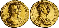 ROMAN EMPIRE HADRIAN, A.D. 117-138. Gold Aureus (6.64 gms), Rome Mint, A.D. 117-118. RIC-24c; Calico-1411; cf.Sear-3884 (obverse legend). This reverse type depicts the deified portrait of Hadrian's ad