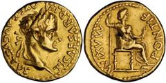 ROMAN EMPIRE Tiberius. Aureus (7.71 gms), Lugdunum Mint, After A.D. 16. RIC-29; Calico-305b (this coin); Sear-1760. "TI. CAESAR DIVI AVG. F. AVGVSTVS." Laureate head of Tiberius right; Reverse: "PONTI