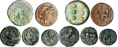 GREEK ANCIENT GREEK. Greek Bronze Coinage, ca. 450 B.C. to 66 A.D. 5 pieces in lot. 5 pieces in lot. Comprised of various bronze denominations from Sicily, Syria and Ionia. Includes a Himera Hemilitro