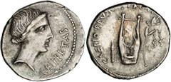 ROMAN REPUBLIC Brutus. Denarius (4.27 gms), Military mint in Lycia, 42 B.C. Craw-501/1; Syd-1287. Bare head of Libertas right; Reverse: Plectrum, lyre, and filleted laurel branch. Old cabinet toning.V