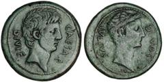 ROMAN REPUBLIC OCTAVIAN and DIVUS JULIUS CAESAR. AE Sestertius (20.2 gms), Italian Mint, 38 B.C. Cr-535/1; RPC-620. Head of Octavian right, dividing "DIVI F. / CAESAR"; Reverse: Laureate head of Caesa