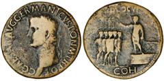 ROMAN EMPIRE CALIGULA, A.D. 37-41. AE Sestertius (23.9 gms), Rome Mint, A.D. 37-38. RIC-32. Laureate head of Caligula left; Reverse: Caligula standing left on platform, addressing five soldiers. ADLOC