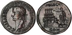 ROMAN EMPIRE CALIGULA, A.D. 37-41. AE Sestertius (26.8 gms), Rome Mint, A.D. 40-41. RIC-48. Laureate head of Caligula left; Reverse: Caligula standing left on platform, addressing five soldiers. "ADLO