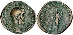 ROMAN EMPIRE PUPIENUS, A.D. 238. AE Sestertius (18.59 gms), Rome Mint. RIC-17. Laureate draped and cuirassed bust of Pupienus right; Reverse: Providentia standing facing head left holding wand over gl