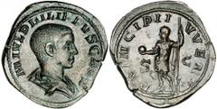 ROMAN EMPIRE PHILIP II, AS CAESAR, A.D. 244-246. AE Sestertius (23.80 gms), Rome Mint, A.D. 246. RIC-(Philip I) 256(a). Bare-headed and draped bust of Philip II right; Reverse: Philip standing left ho